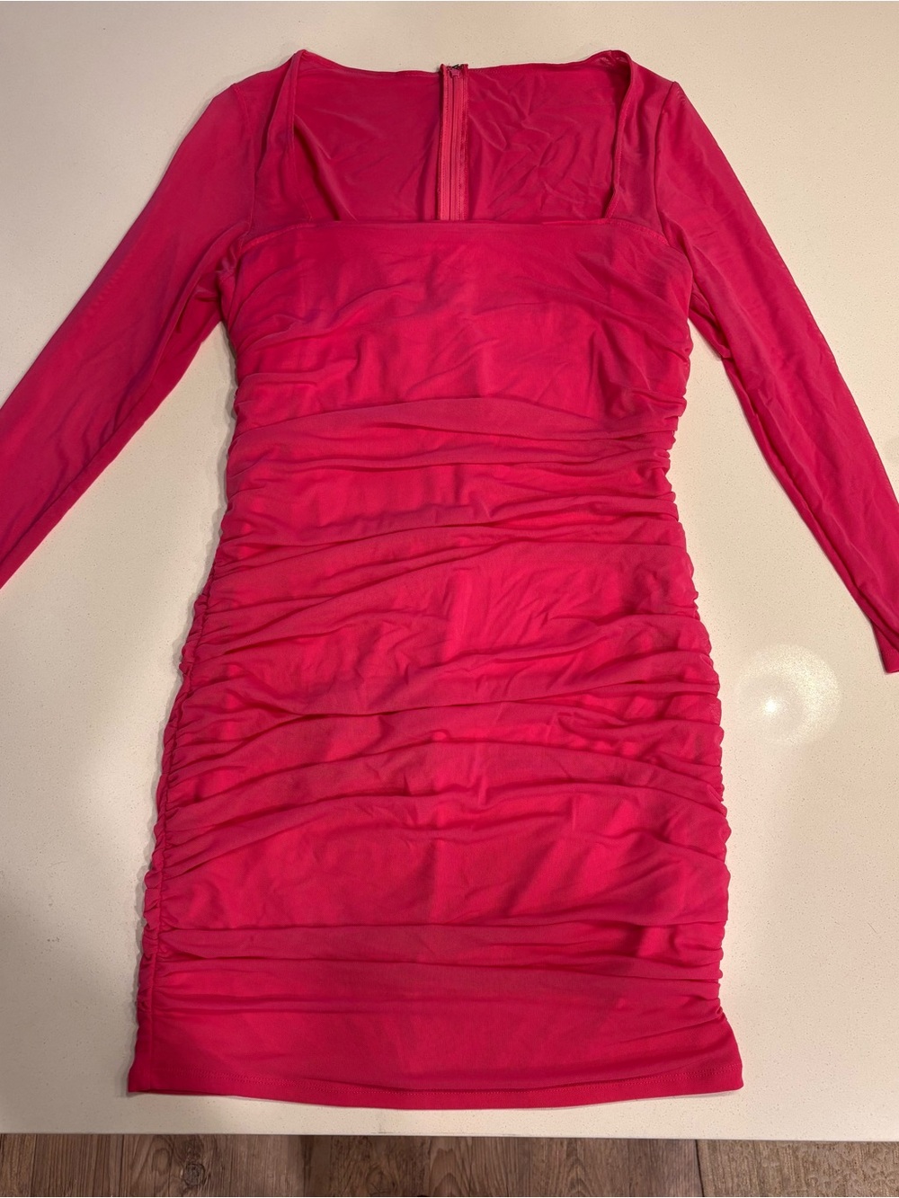SHEIN Ruched Long-Sleeve Bodycon Dress - Hot Pink